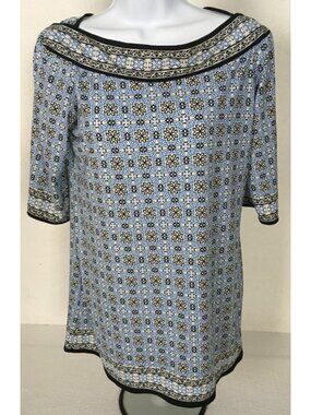 Max Studio Top Size M Blue Black White Floral Geometric Boat Neck 3/4 Sleeves